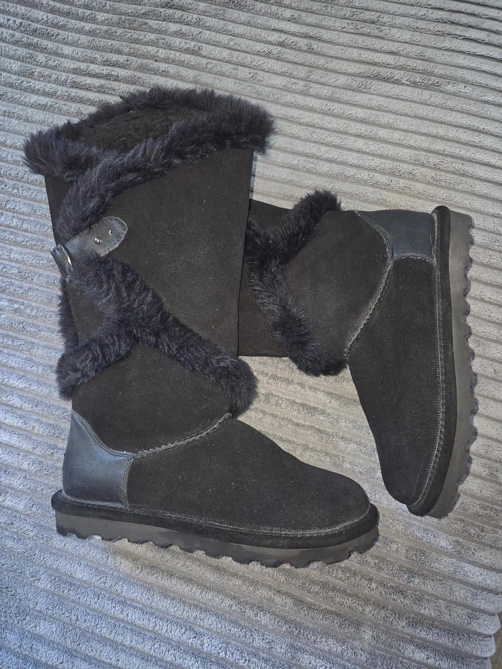 BearPaw Women’s Black Faux-Fur Winter Boots with Strap Detail